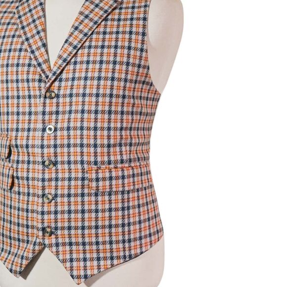 Mens Wool Vest 46R Orange Blue Plaid Check Waistcoat Preppy Casual Wedding Party - Picture 5 of 8